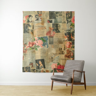 Rustic Vintage Newspaper Patchwork Collage (2) Tapestry