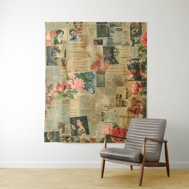 Rustic Vintage Newspaper Patchwork Collage (2) Tapestry (In Situ)