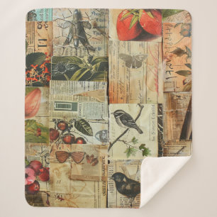 Rustic Vintage Newspaper Patchwork Collage (4) Sherpa Blanket