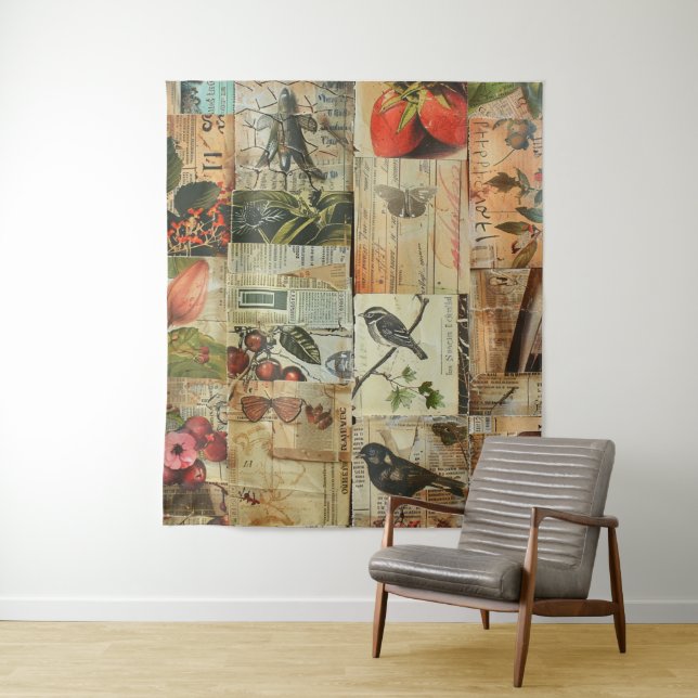Rustic Vintage Newspaper Patchwork Collage (4) Tapestry (In Situ)