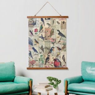 Rustic Vintage Newspaper Patchwork Collage (5) Hanging Tapestry