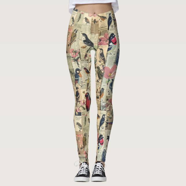 Rustic Vintage Newspaper Patchwork Collage (5) Leggings (Front)