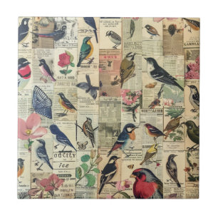 Rustic Vintage Newspaper Patchwork Collage (5) Tile