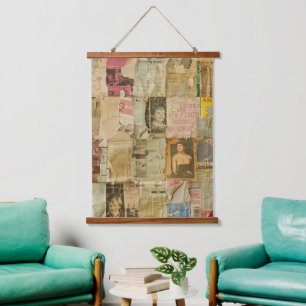 Rustic Vintage Newspaper Patchwork Collage (6) Hanging Tapestry