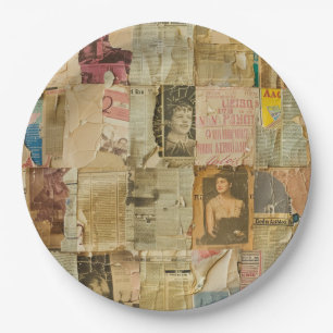 Rustic Vintage Newspaper Patchwork Collage (6) Paper Plate