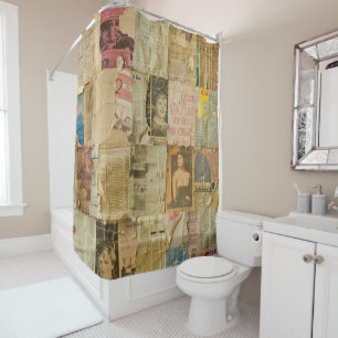 Rustic Vintage Newspaper Patchwork Collage (6) Shower Curtain