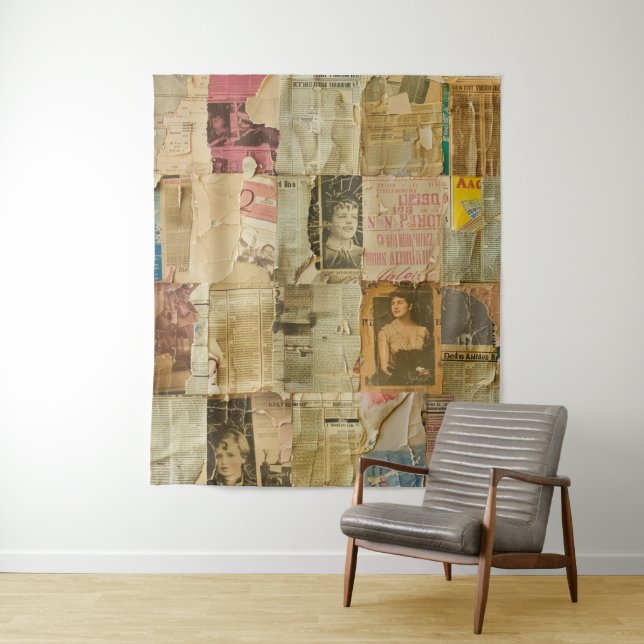 Rustic Vintage Newspaper Patchwork Collage (6) Tapestry (In Situ)