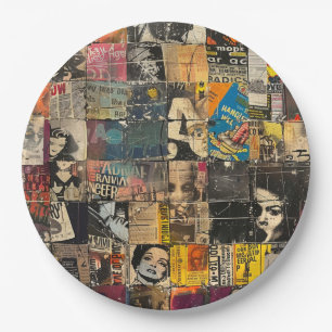 Rustic Vintage Newspaper Patchwork Collage (7) Paper Plate