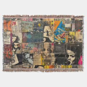 Rustic Vintage Newspaper Patchwork Collage (7) Throw Blanket
