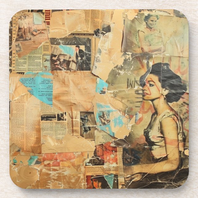 Rustic Vintage Newspaper Patchwork Collage (8) Coaster (Front)