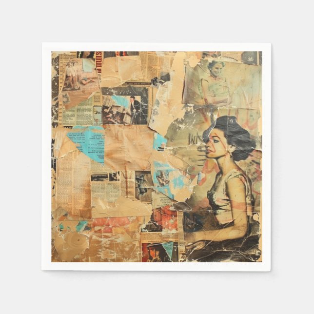 Rustic Vintage Newspaper Patchwork Collage (8) Napkin (Front)