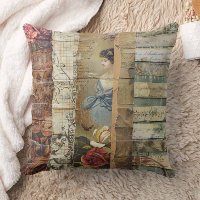 Rustic Vintage Newspaper Patchwork Collage (9) Cushion (Blanket)