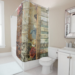 Rustic Vintage Newspaper Patchwork Collage (9) Shower Curtain