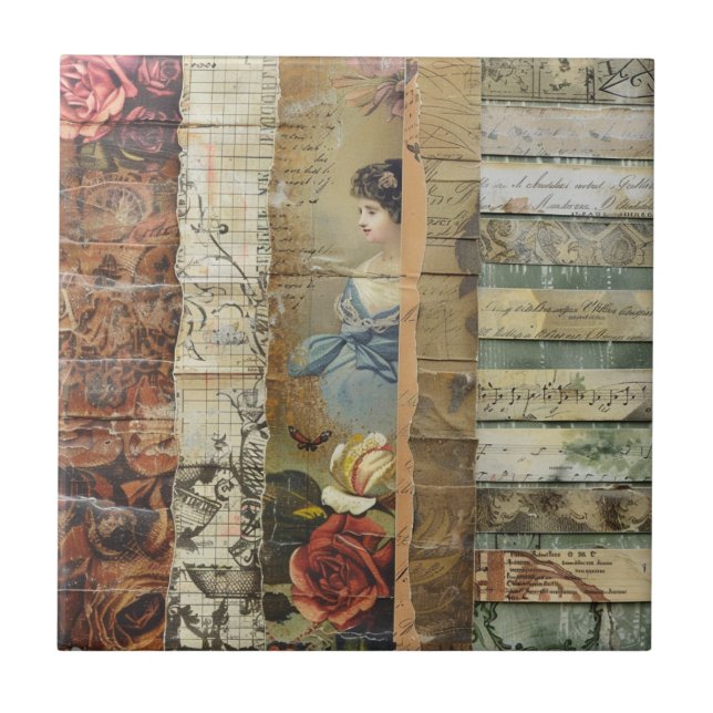 Rustic Vintage Newspaper Patchwork Collage (9) Tile (Front)