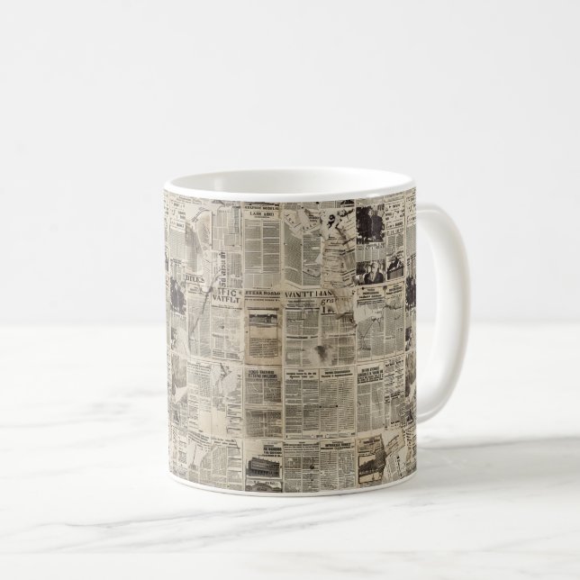 Rustic Vintage Newspaper Patchwork Collage Coffee Mug (Front Right)