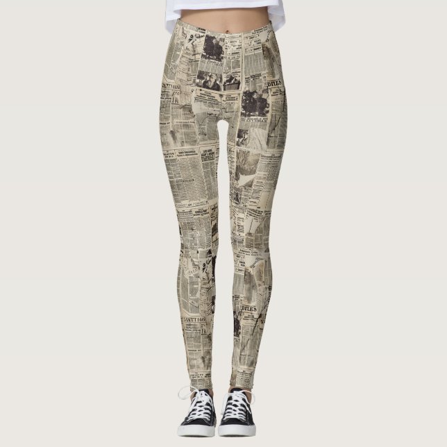 Rustic Vintage Newspaper Patchwork Collage Leggings (Front)