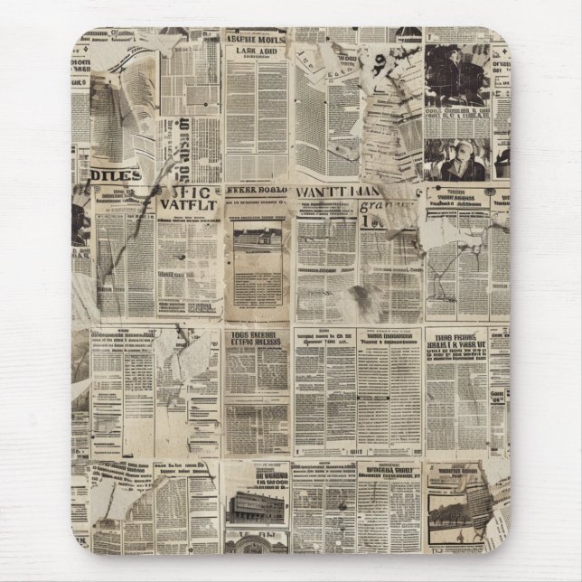 Rustic Vintage Newspaper Patchwork Collage Mouse Mat (Front)