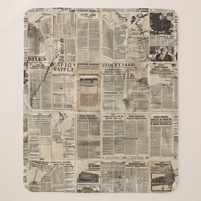 Rustic Vintage Newspaper Patchwork Collage Sherpa Blanket (Front)