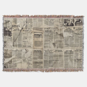 Rustic Vintage Newspaper Patchwork Collage Throw Blanket