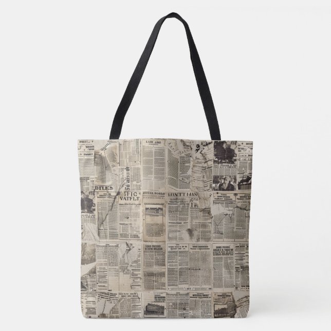 Rustic Vintage Newspaper Patchwork Collage Tote Bag (Front)