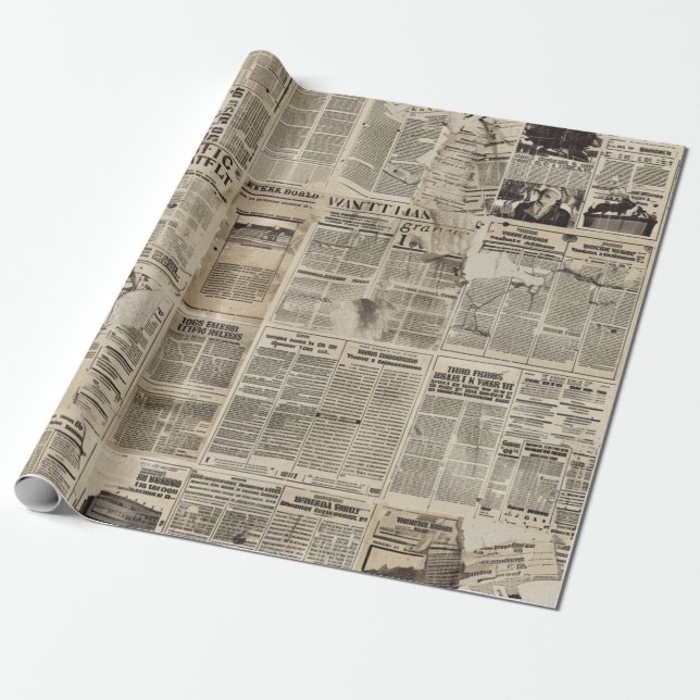 Rustic Vintage Newspaper Patchwork Collage Wrapping Paper (Unrolled)