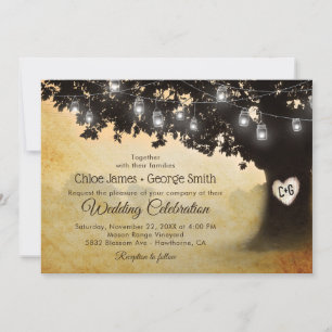 Rustic Vintage Oak Tree Mason Jar Lights Wedding Invitation