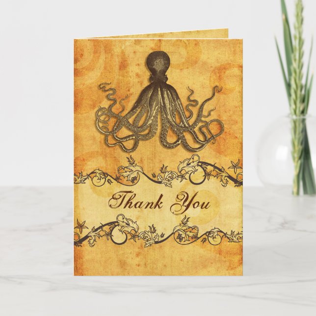 rustic, vintage ,octopus beach thank you card (Front)
