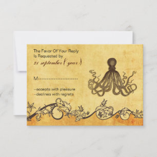 rustic vintage,octopus beach wedding rsvp 3.5 x 5 card