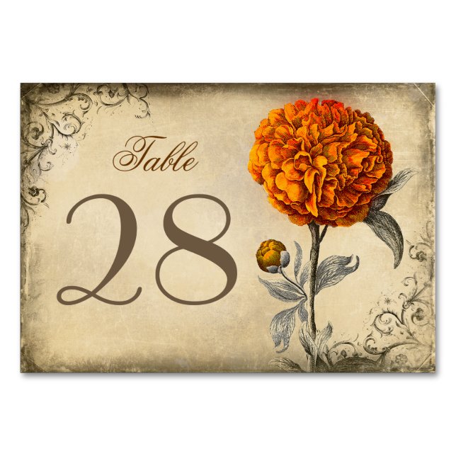 Rustic Vintage Orange Peony Wedding Table Number (Front)