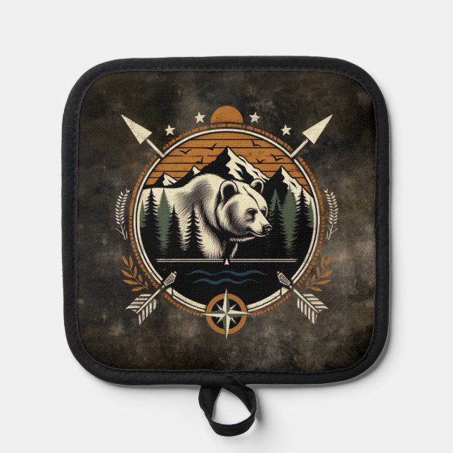 Rustic, vintage outdoorsman bear mountain pot holder (Front)