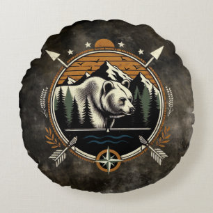Rustic, vintage outdoorsman bear mountain round cushion
