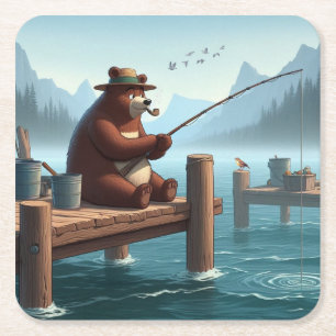 Rustic, vintage outdoorsman bear mountain square paper coaster