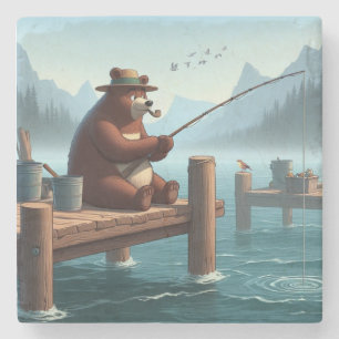 Rustic, vintage outdoorsman bear mountain stone coaster