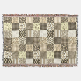 Rustic Vintage Patchwork Beige Quilt Pattern Throw Blanket