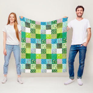 Rustic Vintage Patchwork Blue Green Quilt Pattern Fleece Blanket