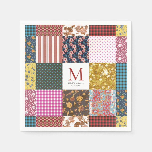 Rustic Vintage Patchwork Quilt Pattern Monogram Napkin (Front)