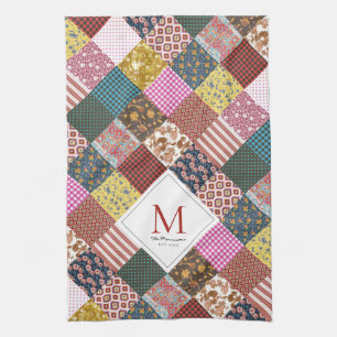 Rustic Vintage Patchwork Quilt Pattern Monogram Tea Towel