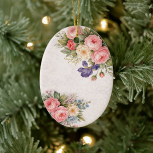 Rustic Vintage Personalized Floral Rose Design Ceramic Tree Decoration
