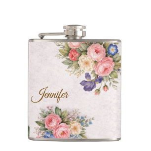 Rustic Vintage Personalized Floral Rose Design Hip Flask