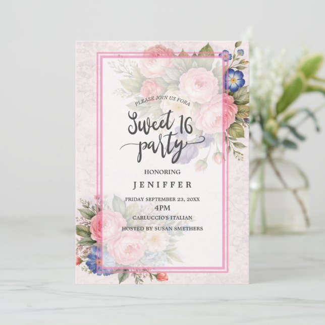 Rustic Vintage Personalized Floral Rose Design     Invitation (Standing Front)