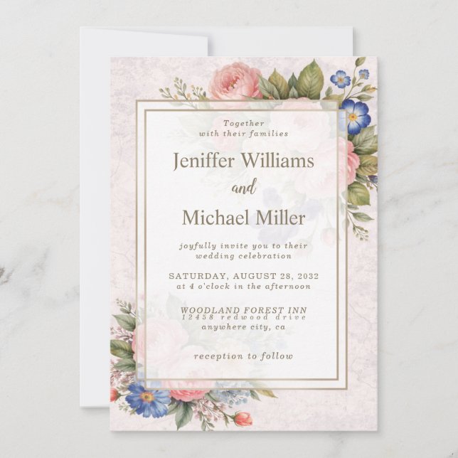 Rustic Vintage Personalized Floral Rose Design     Invitation (Front)