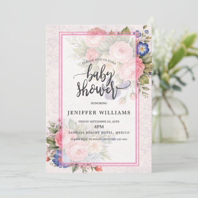 Rustic Vintage Personalized Floral Rose Design     Invitation (Standing Front)