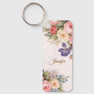 Rustic Vintage Personalized Floral Rose Design     Key Ring