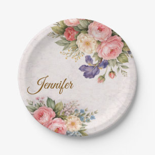 Rustic Vintage Personalized Floral Rose Design Paper Plate