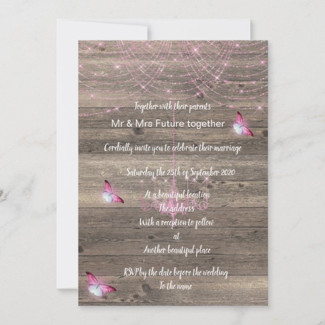 Rustic vintage pink butterfly wedding invitation (Front)