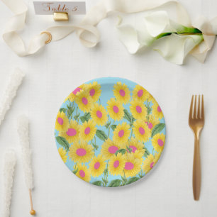 Rustic Vintage Pink Sunflowers Modern Pastel Blue Paper Plate