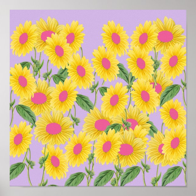 Rustic Vintage Pink Sunflowers Modern Pastel Lilac Poster (Front)