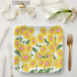 Rustic Vintage Pink Sunflowers Modern White  Paper Plate
