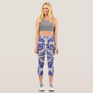 Rustic Vintage Portuguese Tiles Pattern - Azulejo Capri Leggings