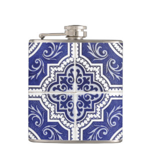 Rustic Vintage Portuguese Tiles Pattern - Azulejo Hip Flask